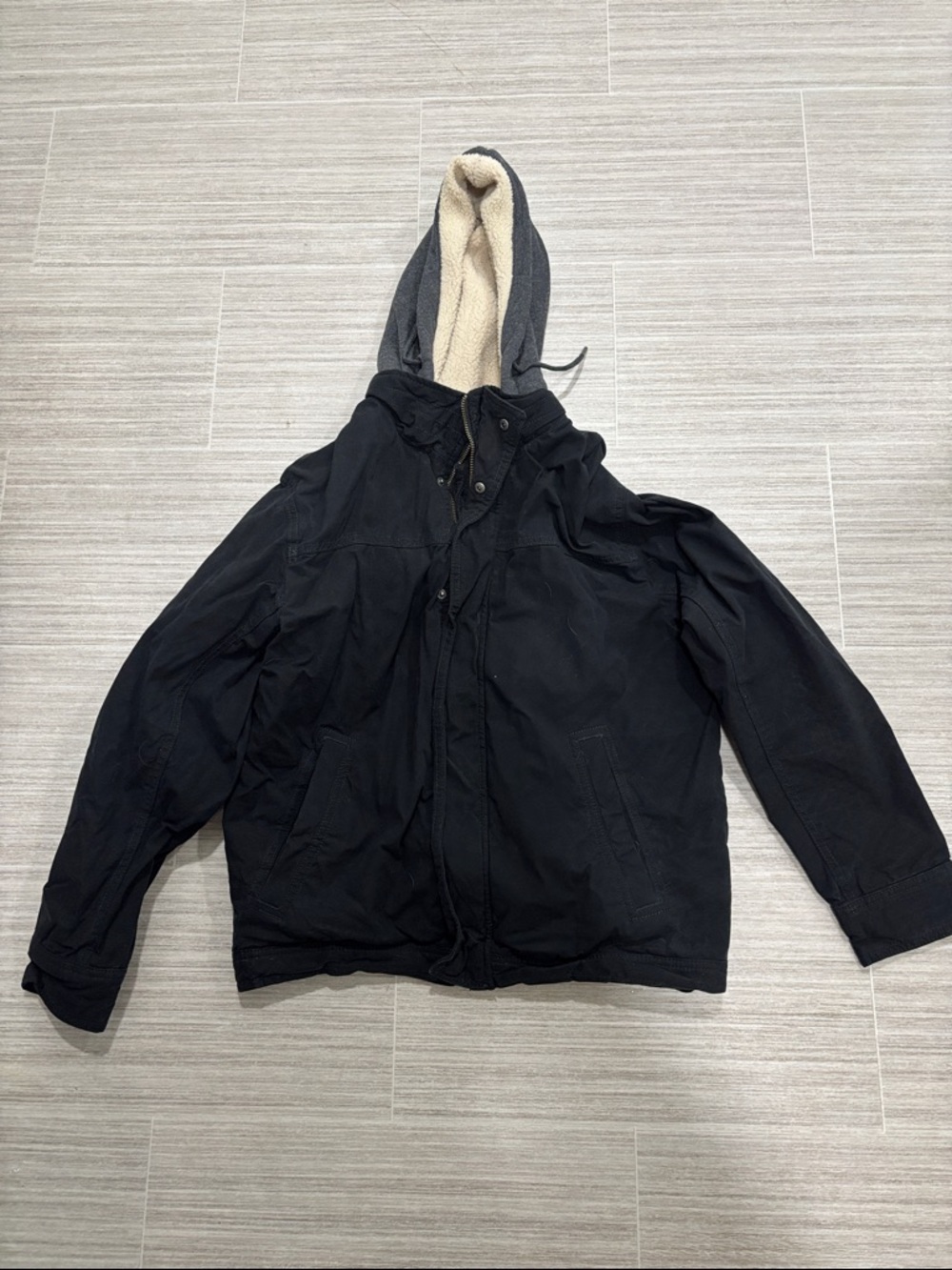 American Eagle Black Hooded Field Jacket with Cream Sherpa Lining